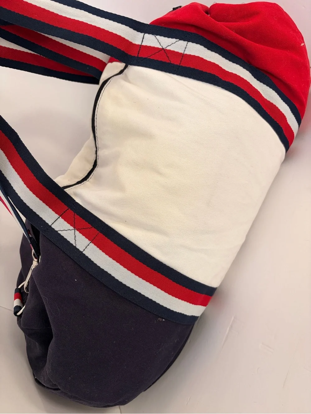 Tommy Hilfiger Red, Navy & White Canvas Duffel with Striped Handles